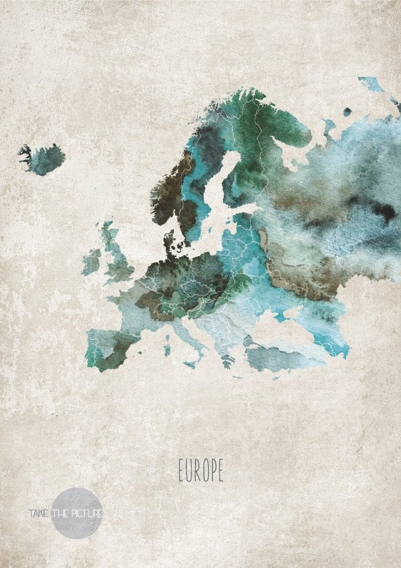 Europe Watercolor map print. Map of Europe wall art print.