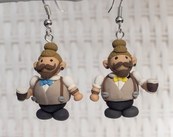 Hipster Earrings, Polymer Clay Earrings, Moustache Earrings, Retro Handmade Earrings, Bowtie Earrings, Suspenders Earrings, Coffee