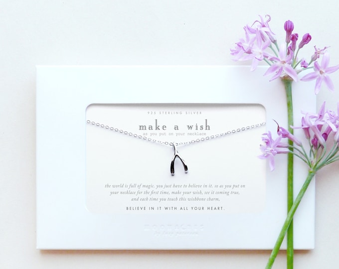 Make A Wish | Sterling Silver Wishbone Necklace Poem Message Card Jewelry Inspirational Graduation Birthday Friend Co Worker Good Luck Gift