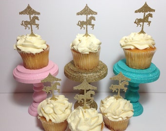Carousel Cupcake Toppers (Carousel Party, Glitter Decorations, Carousel Theme)