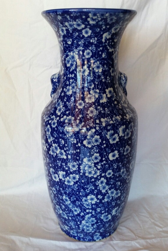 Items similar to VINTAGE PORCELAIN VASE 18" Ceramic Blue White Flower