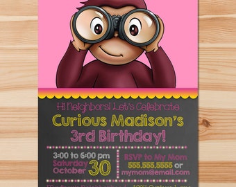 Curious George Birthday Invite - Pink Chalkboard - Girl Curious George Invitation - Curious George Party - Curious George Printables