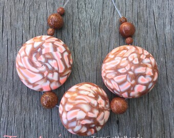 Polymer Clay Focal Beads, Polymer Clay Pendant, Handmade Polymer Clay Disc Beads, Pink Copper Cream Beads, Artisan Polymer Clay bead Set