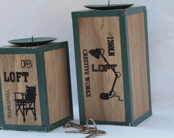 Artists Loft Set of Two Industrial Style Wood and Metal Candle Holders Dorm and Artist Studio Space