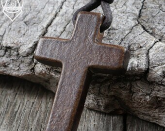 Mens Cross Necklace, Leather Necklace, Cross Pendant, Surfer Necklace, Horn Cross, Wood, Rustic, Christian, Natural, Brown, Masculine