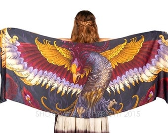 Phoenix Scarf, Fantasy Art, Mustard Scarf, Cosplay Clothing, Wing Scarf Elven Clothing, Bridesmaid Gift, Wearable Art Scarf Goddess Clothing