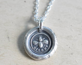 bee wax seal necklace … be silent - industrious, hardworking, loyal - silver Victorian trinket wax seal jewelry