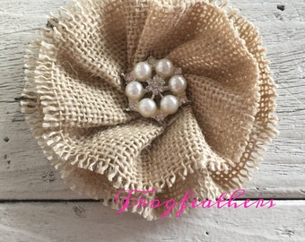 BURLAP FLOWER with 1 inch Pearl and Rhinestone Center-3 1/2 inches-set of three