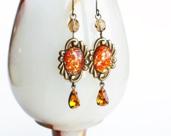 Orange Glass Earrings Victorian Vintage Foiled Glass Lampwork Opals Antique Brass Dangles Orange Yellow Glamorous Victorian Jewelry