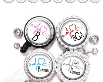 Retractable ID Badge Reel - Personalized EKG Cardiac Nurse Heart Lanyard Holder in 8 Colors with Name, Monogram, Occupation Title (A204)