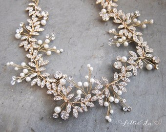 Gold Boho Leaf Bridal Hair Vine Wreath, Wedding Pearl Hair Vine Crown, Boho Wedding Headpiece - 'LYRA'