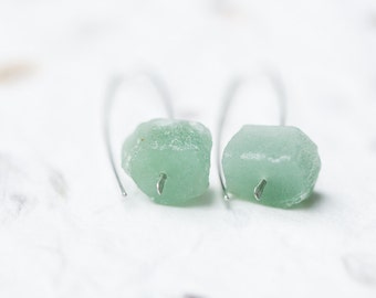Raw Mint Green Aventurine Modern Hook Earrings Argentuim Sterling Silver Handmade Summer Minimalist Jewelry minimal chic