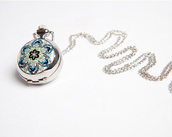 Pocket watch necklace, moroccan tile, pendant necklace, quirky necklace, clock pendant, clock necklace, bridesmaid gift, charm necklace