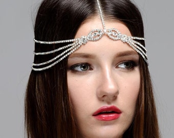 Bohemian, Headpiece Bridal, Rhinestone headchain, Boho Headpiece, Gatsby party