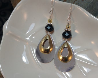 Black Silver Gold Teardrop Earrings, Black Gold Teardrop Sterling Silver Earrings, Gold Silver Teardrop Black Sterling Silver Earrings