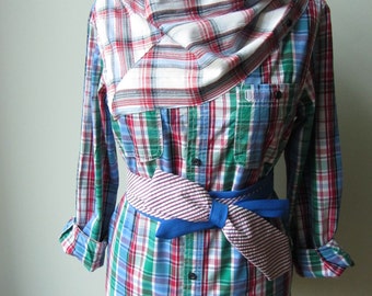 Plaid Cowl Neck Shirt with Necktie Belt, Upcycled Clothing, Repurposed Mens Shirt, Oversized Boyfriend Shirt, Plaid Tunic, Cowgirl Chic