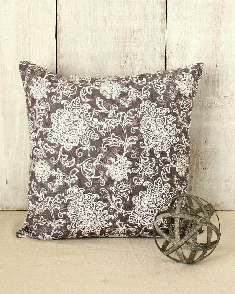Gray and White Floral Damask Pillow Cover Grey Throw Pillow