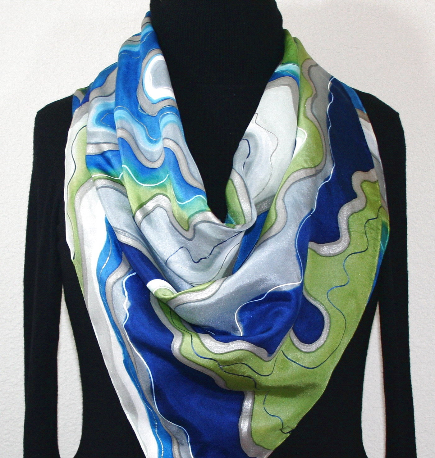 Hand Painted Silk Scarf. Olive Navy Blue Turquoise White
