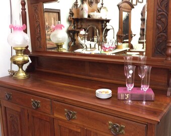 SALE English Antique Sideboard, Antique Buffet, Mirrored Sideboard, Antique Furniture, English Walnut, 1900's, Vintage Home Decor, Dining