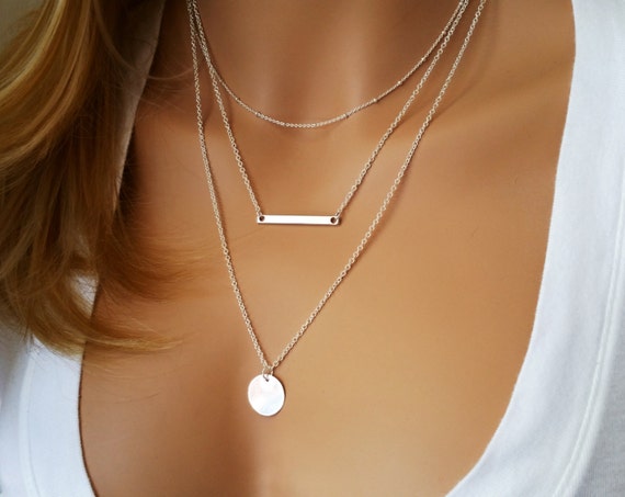 Monogram Silver Layering Necklace Layered Necklace Skinny Bar