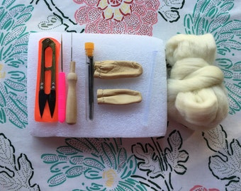 Needle Felting Kit, Now with Scissors, Learn to Felt, Needle Felting Tool, Replacement Needles, Awl, Leather Finger Cots, Foam Pad, Wool
