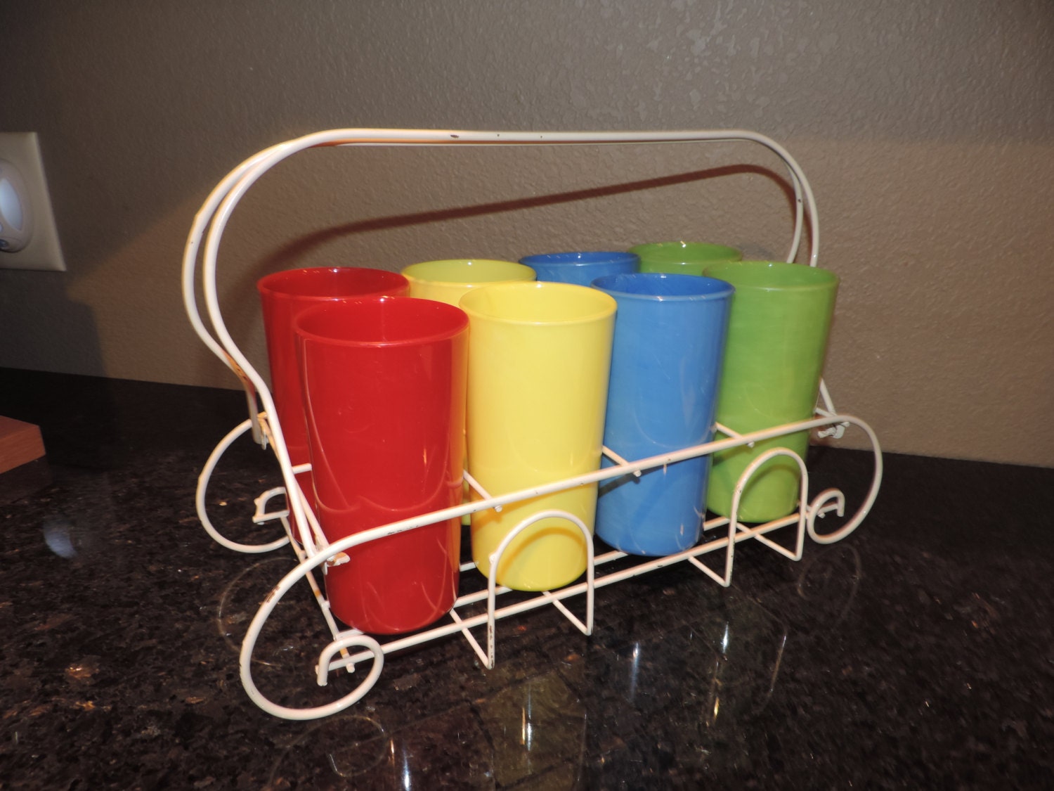 Drink Glasses and Caddy Plastic Cups Retro Kitchen Vintage