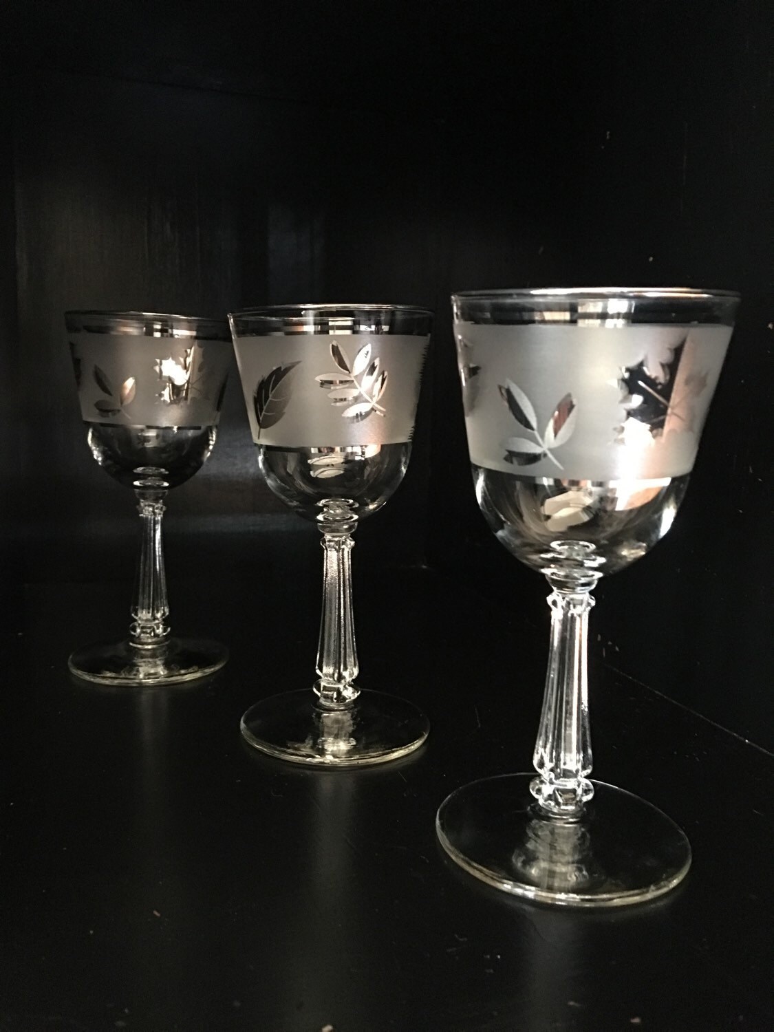 Libbey Silver Leaf Wine Glasses Frosted Leaves Vintage Set 3