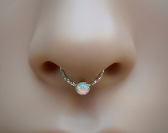 Septum Ring - White Opal Septum Ring - TEXTURED Sterling Silver Septum Nose Ring - Septum Piercing - Septum Jewelry