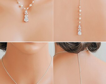 Rose Gold Back Drop Bridal Necklace, Backdrop Pearl Wedding Necklace, Crystal Y Drop Necklace, Clover Leaf Necklace, Bridal Jewelry, HARRIET