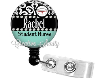 Personalized Nurse Retractable ID Badge Holder, Cute Nurse Hat, Choice of Badge Reel, Carabiner, Lanyard, Steth ID Littmann III Cardio