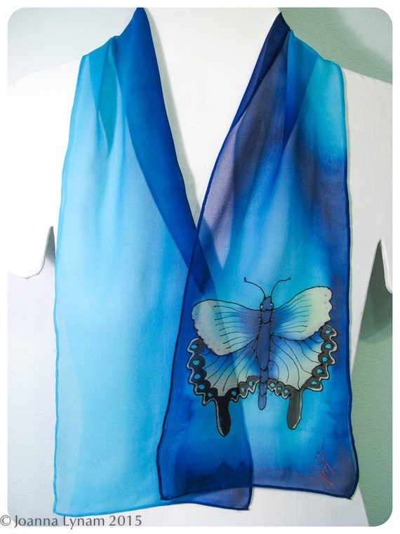 hair wrapping scarf silk for painted silk scarf. Hand Butterfly Scarf. scarf Silk Blue silk