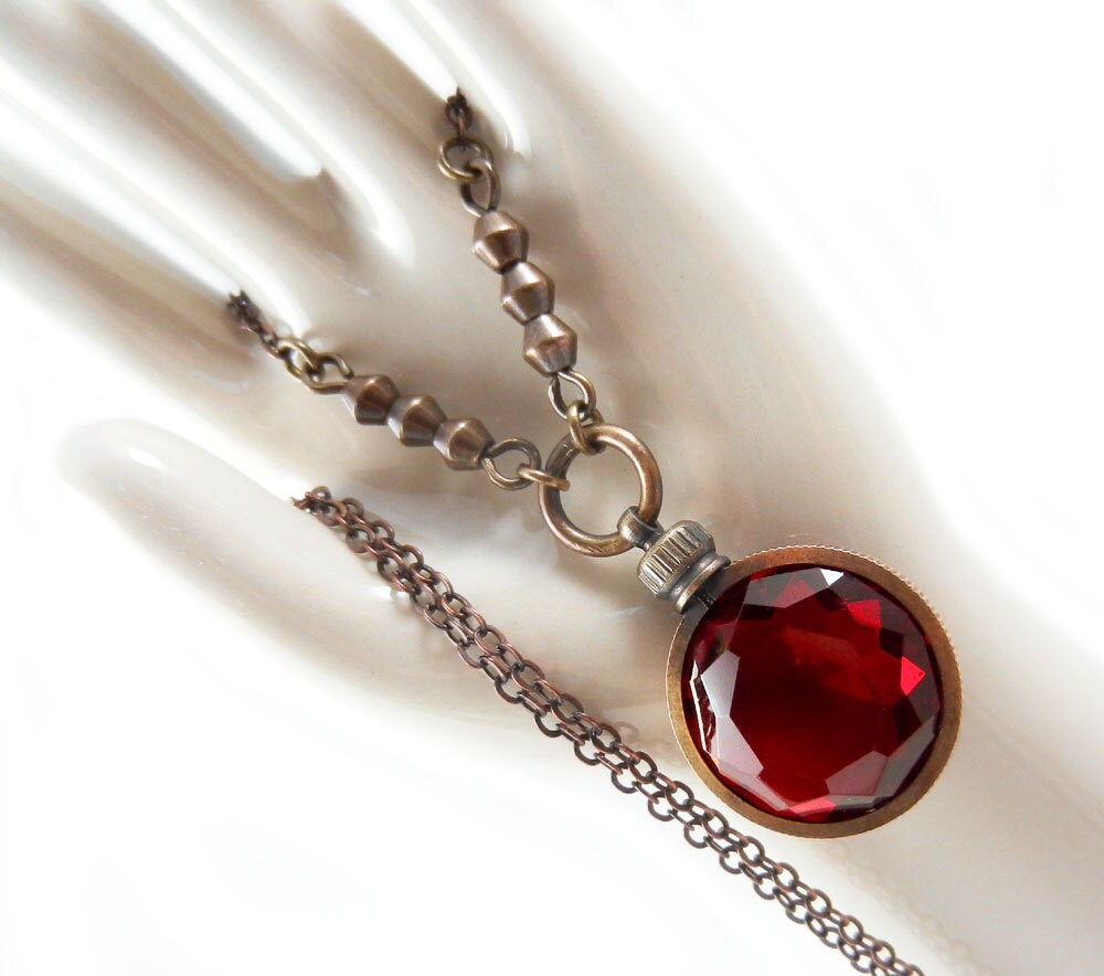 Red Jewel Necklace Ruby Red Vintage Brass Sparkling Red