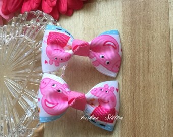 Set of 2 Bows ~~ Peppa Pig Bows~~2.5 " Hair Bow~~Small Bows~~ Girls Hair Accessory~~Simple Hairbow ~ Kids Barrette ~~