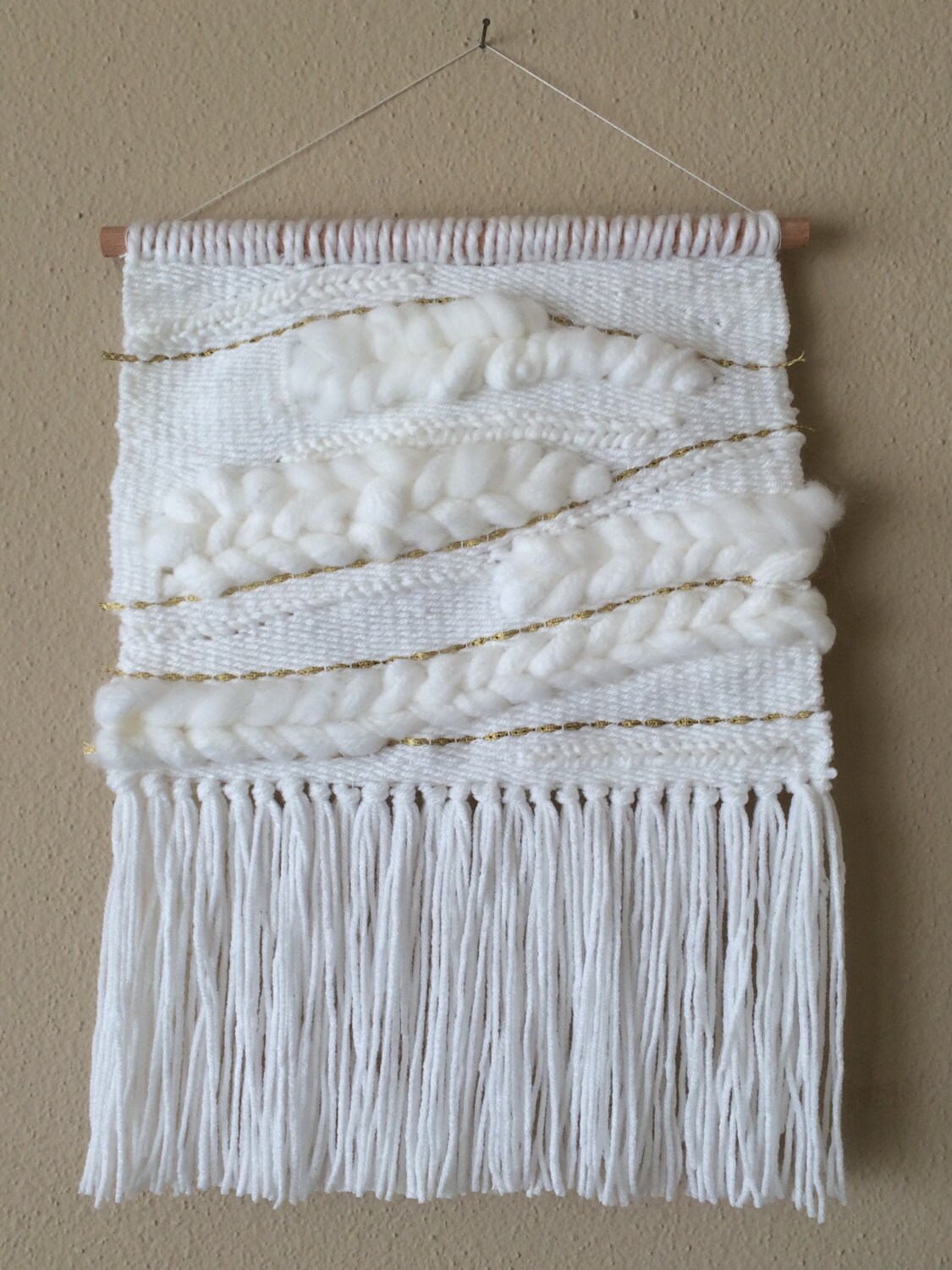 Woven Yarn Wall Hanging Tapestry / Cream & White Nursery Decor