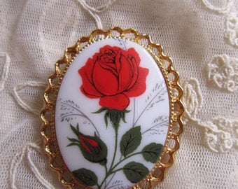 1970s Glass Pin Red Rose Transfer Cameo Style Brooch Vintage Costume Jewelry American Beauty Gardener Flowers Garden MoonlightMartini