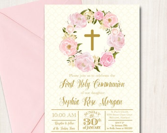 Floral First Communion Invitation Baptism Invite, printable, DIY, Confirmation, Christening, Pink
