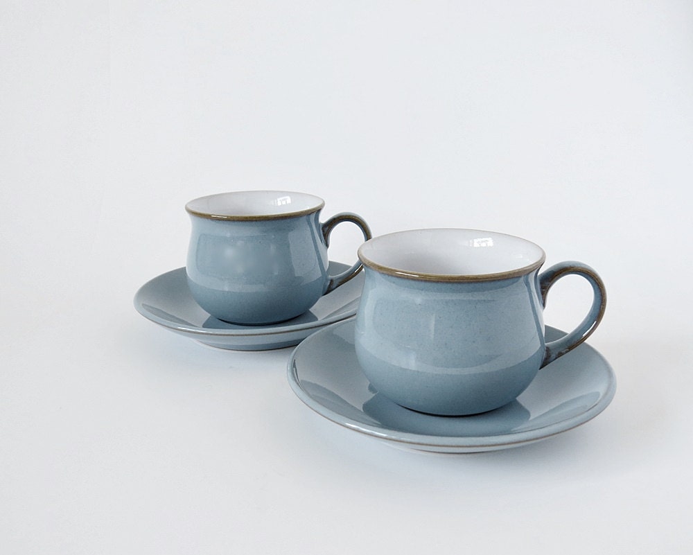 Denby Pottery Pale Blue Coffee Cups and Saucers x 2 Denby