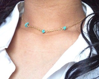 Delicate Turquoise Tiny Bead Necklace, Tiny Turquoise Necklace, Dainty Turquoise Necklace, Simple Turquoise Necklace, Thin Gold Necklace