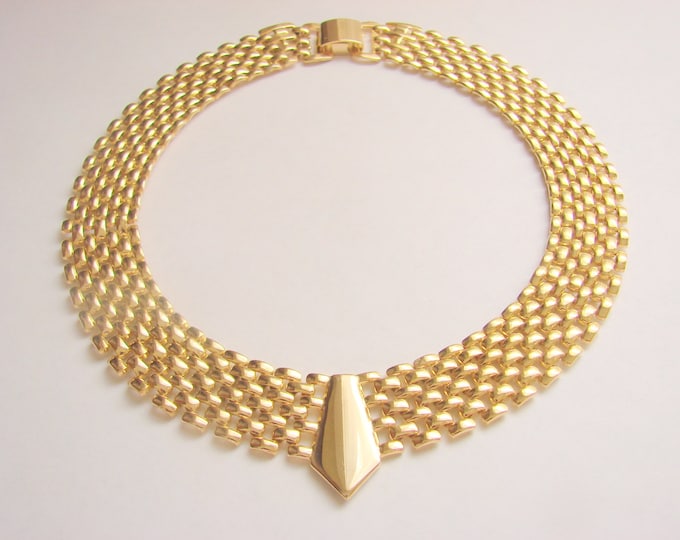 80s Modernist Bib Necklace / Retro / Wide / Goldtone / Flexible Links / Vintage Jewelry / Jewellery