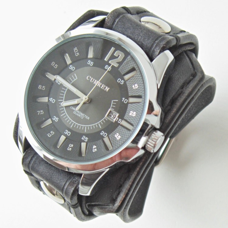 Black Leather Watch Cuff Men's watch Leather by loversbracelets