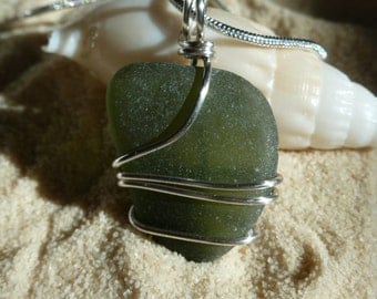 Wire Wrapped Green Sea Glass Necklace with Sterling Silver Chain