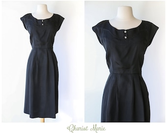 Vintage 1950's Wiggle Dress - Classic Little Black Dress - Elegant Vintage Dress with Jewel Buttons - Size Small