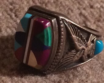 Vintage Native American Handmade Sterling & Inlay Ring - Size 8 3/4