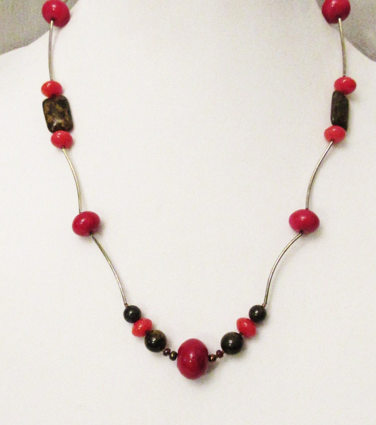 CIJ SALE Red Jade Necklace, Red Jade Bronzite Necklace, Reversible