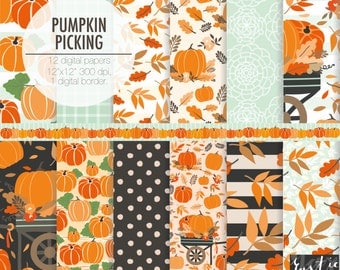 Thanksgiving digital paper. Autumn decoration, fall, pumpkin picking, flowers, fall leaf, harvest, wagon digital paper pack.