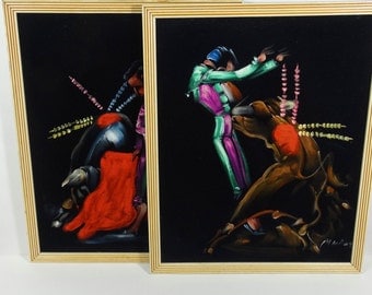 Black Velvet Matador Painting - Bull Fighting - Vintage Black Velvet - Set of 2 Kitsch Velvet Paintings