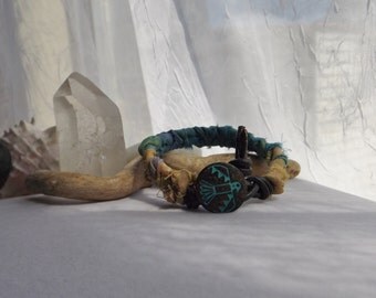 Rustic Blue and Yellow Sari Silk Ribbon and Leather Braided Bracelet, Cuff Bracelet, Bohemian Bracelet, Hippie Bracelet, For Spring, Summer