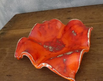 coral red ceramic plate- modern ceramic art- 60s hand made home decor- for jewelry storage- mothers day