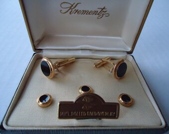 Krementz 14 KT Gold Overlay Cuff Links, Black Five Piece Set Cuff Links and Studs, Fit for A Wedding or Business