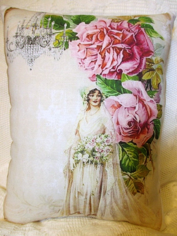 Items similar to VICTORIAN Lady Pillow, Pink ROSES Pillow, Chandelier Pillow, Bride, Wedding ...